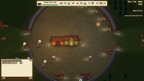 Dusk on a Forest map. The lamps are lit and the troop is inside the wall.