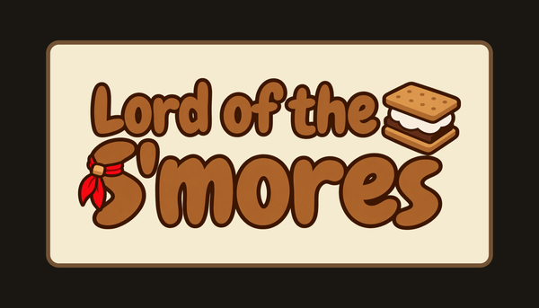 The Lord of the S'mores wordmark on its parchment sign, for dark backgrounds