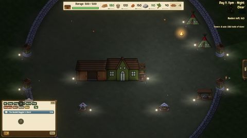The same camp at 11 PM, lit by lamps and the campfire.