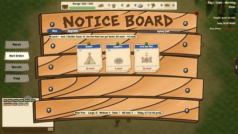 The notice board's Work Orders tab at HQ level 1: Shelter, Campfire and First Aid Tent.
