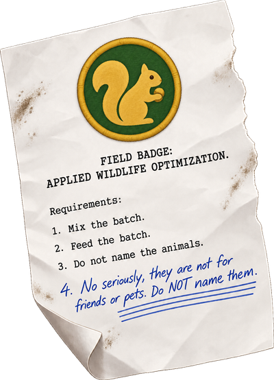 A field badge specification, 'Applied Wildlife Optimization': mix the batch, feed the batch, do not name the animals. Someone has added in pen: no seriously, they are not for friends or pets.