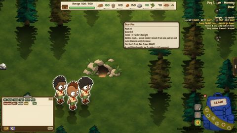 Three scouts at the mouth of a bear den, its card reading the odds of a raid.